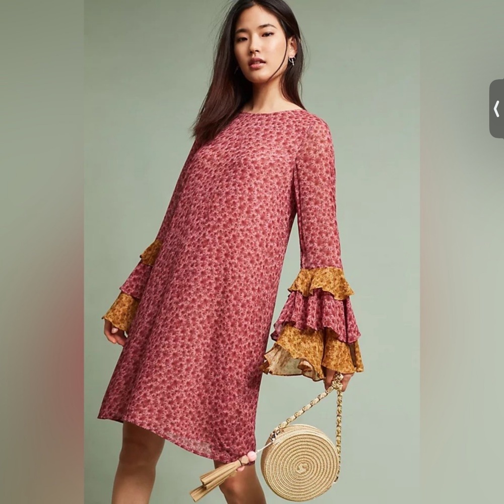 Anthropologie Varun Bahl Lanara Shift Dress Pink Floral Bell Ruffle Sleeve M